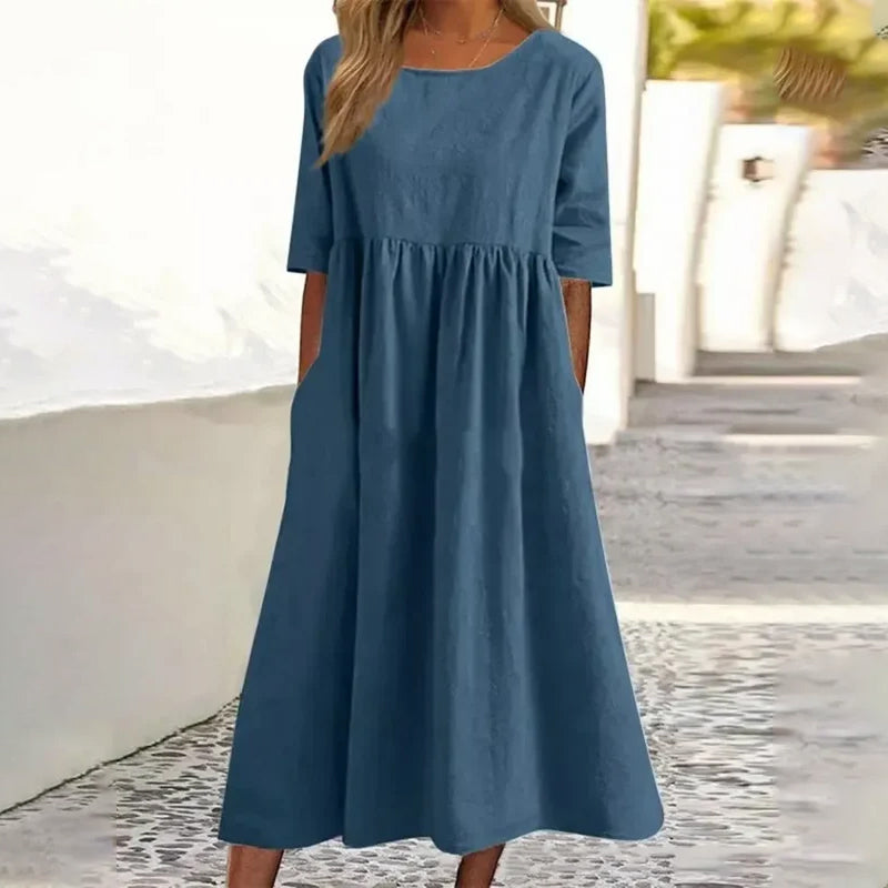 Damen LĂ€ssiges Rundhalsausschnitt Baumwollkleid