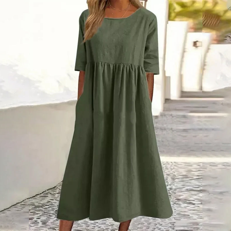 Damen LĂ€ssiges Rundhalsausschnitt Baumwollkleid