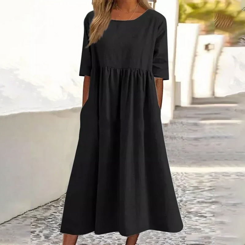 Damen LĂ€ssiges Rundhalsausschnitt Baumwollkleid