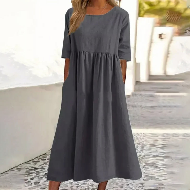 Damen LĂ€ssiges Rundhalsausschnitt Baumwollkleid