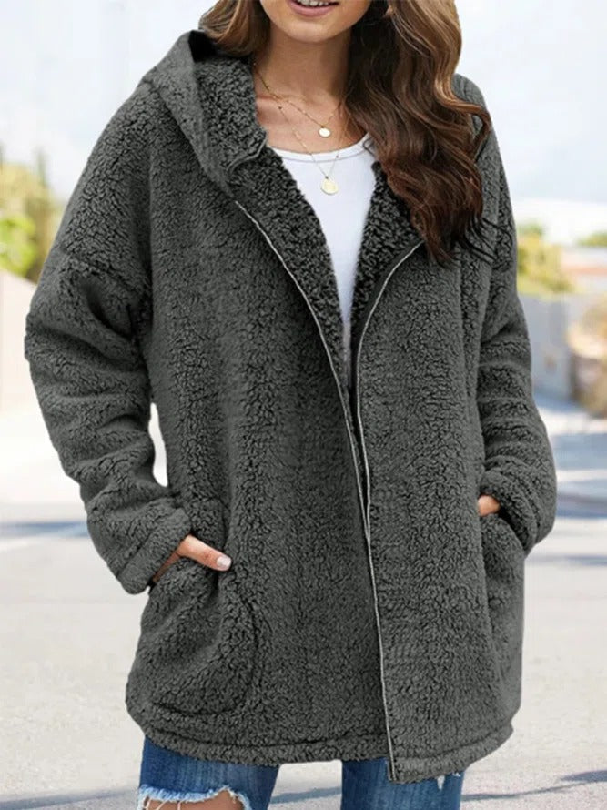 Damen Teddyjacke mit Reißverschluss – Olivegrün