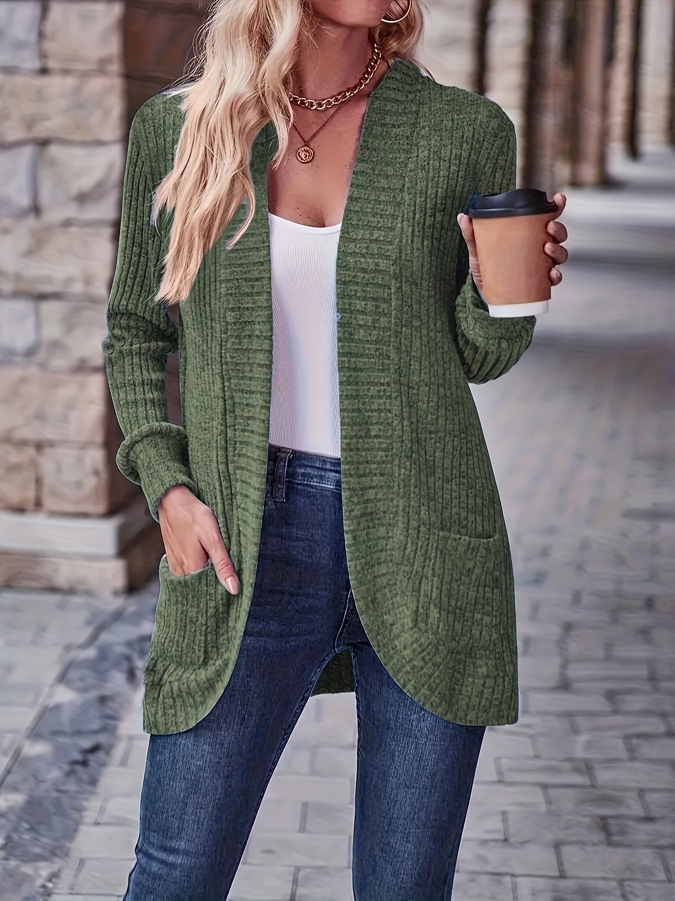 Einfarbige Offene Strickjacke - Vielseitig