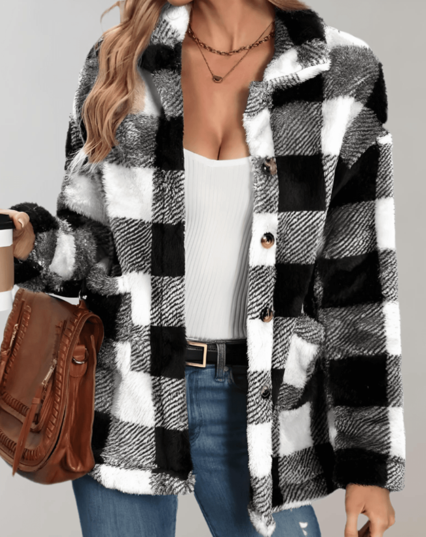 Charlotte - Teddy Fleece Plüsch Vollärmelige Karierte Damenjacke