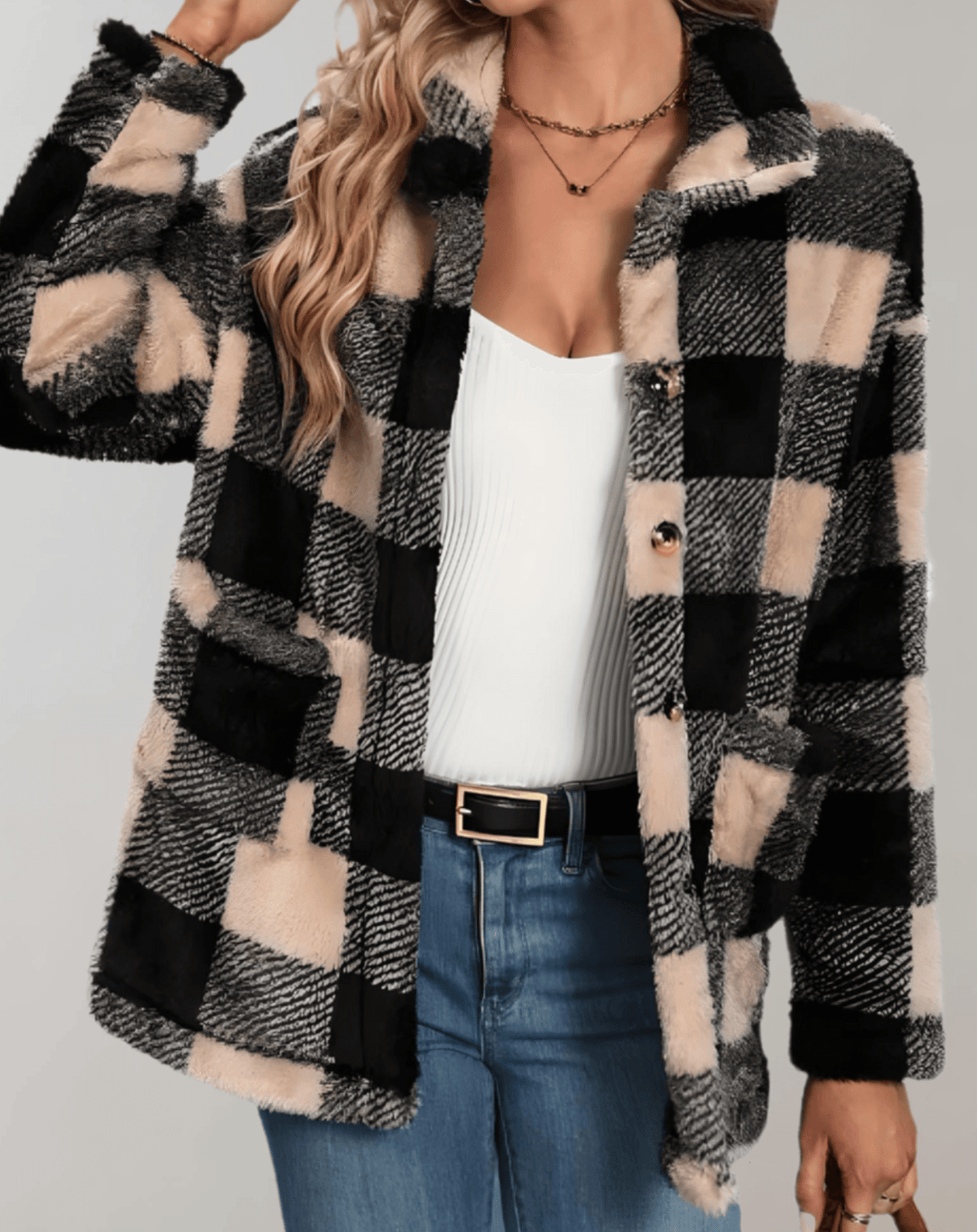 Charlotte - Teddy Fleece Plüsch Vollärmelige Karierte Damenjacke