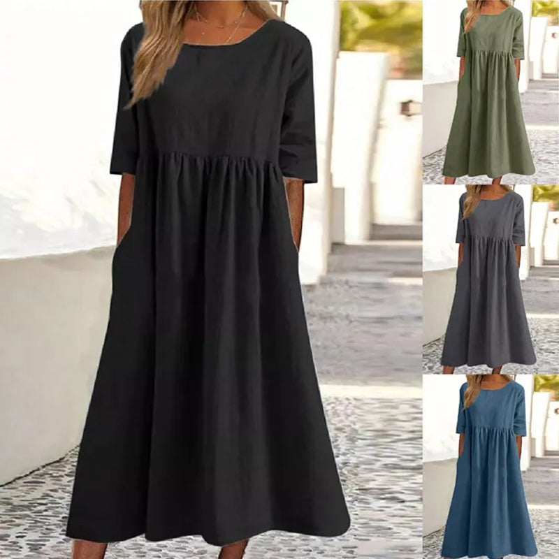 Damen LĂ€ssiges Rundhalsausschnitt Baumwollkleid