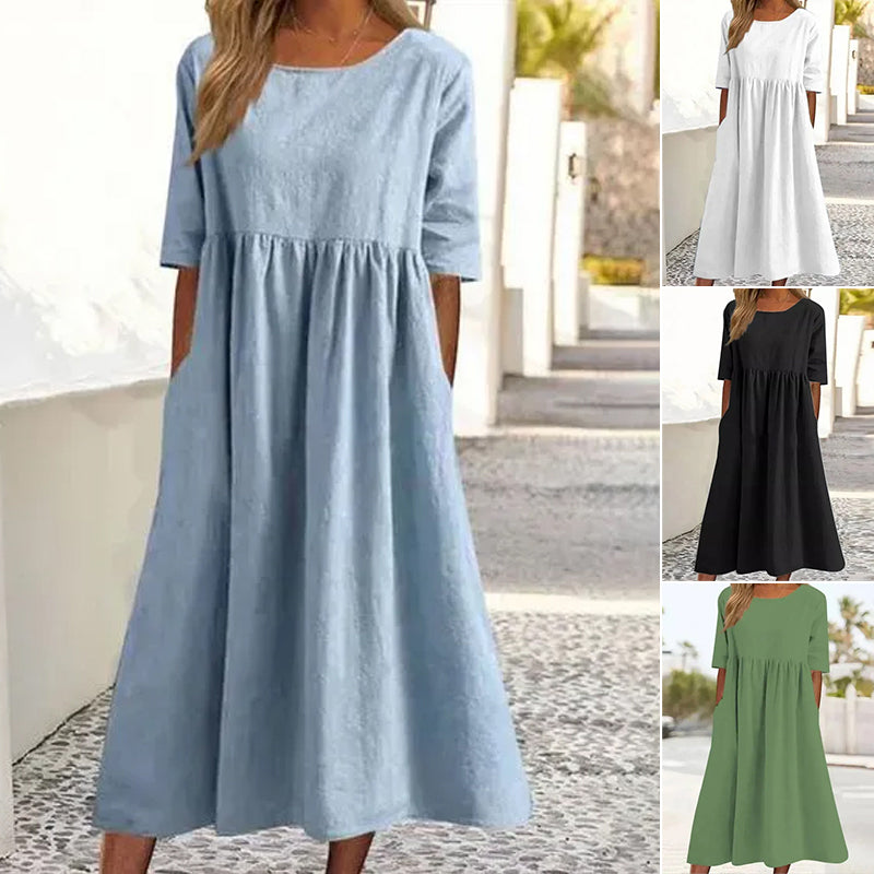 Damen LĂ€ssiges Rundhalsausschnitt Baumwollkleid