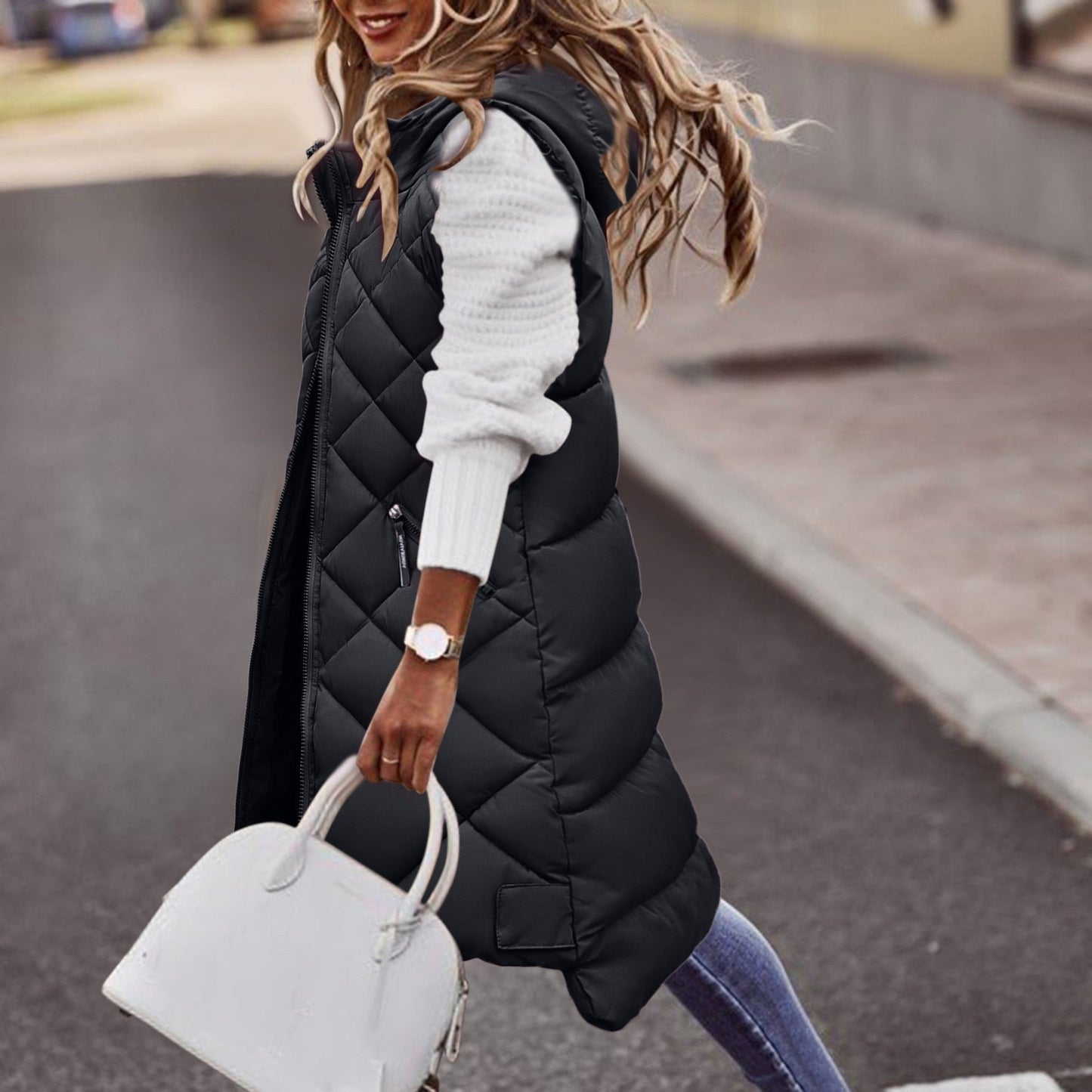 Lange Kapuzenweste für Damen | Winter