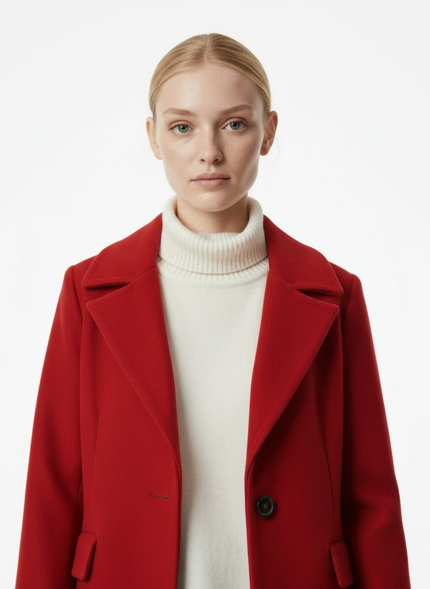 Close-up of the model wearing Eleganter Damen Wollmantel mit Knöpfen – Stilvoll & Zeitlos