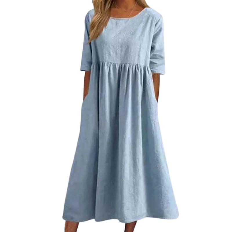 Damen LĂ€ssiges Rundhalsausschnitt Baumwollkleid