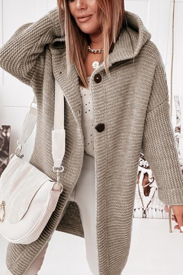 Graue Knopf-Kapuzenstrickjacke – Emma