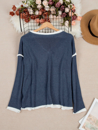 Grauer V-Ausschnitt Pullover mit Kontrastdetails - Ella