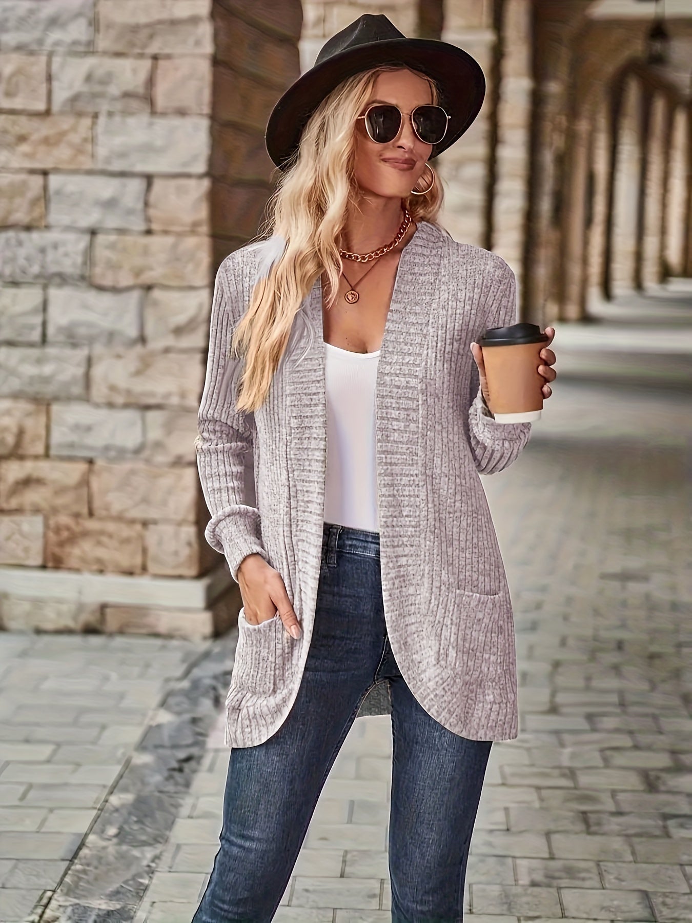 Einfarbige Offene Strickjacke - Vielseitig