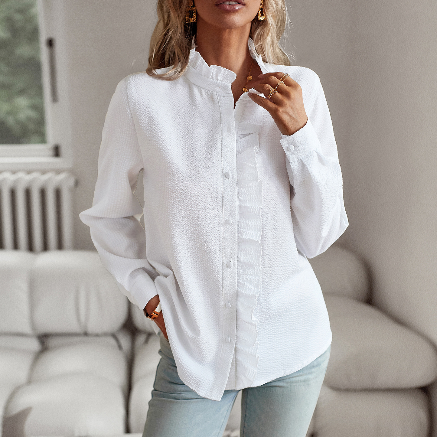 Super Schöne & Elegante Damen Bluse mit Rüsch-Kragen