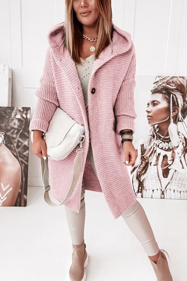 Graue Knopf-Kapuzenstrickjacke – Emma