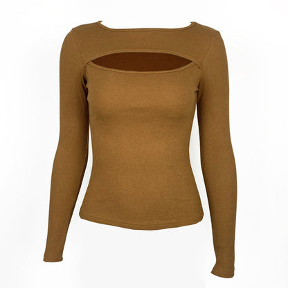 Sexy Langärmliges Geripptes Oberteil mit Brustausschnitt