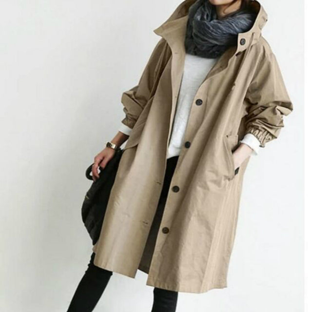 Damenmode Lässiger Trenchcoat - Langer Mantel mit Kapuze - Annemarie