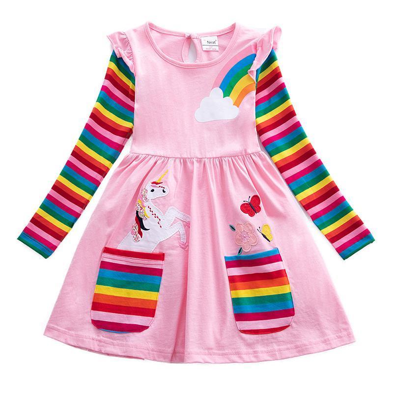 Mädchen Einhorn-Regenbogen-Streifen Kleid