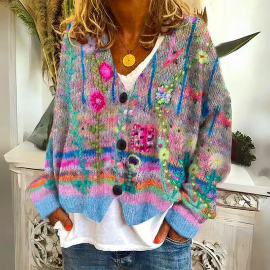 Angie | Damen Blumen Warme Strickjacke | Knopf Daunen