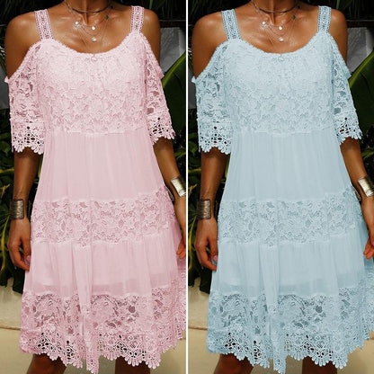 Einfarbiges kurzärmliges mittellanges elegantes Spitzenkleid