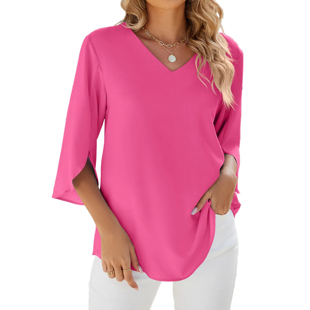 Teresa - Damen Hemden Kurzarm Tops Reversausschnitt Bluse Elegantes Tunika Shirt