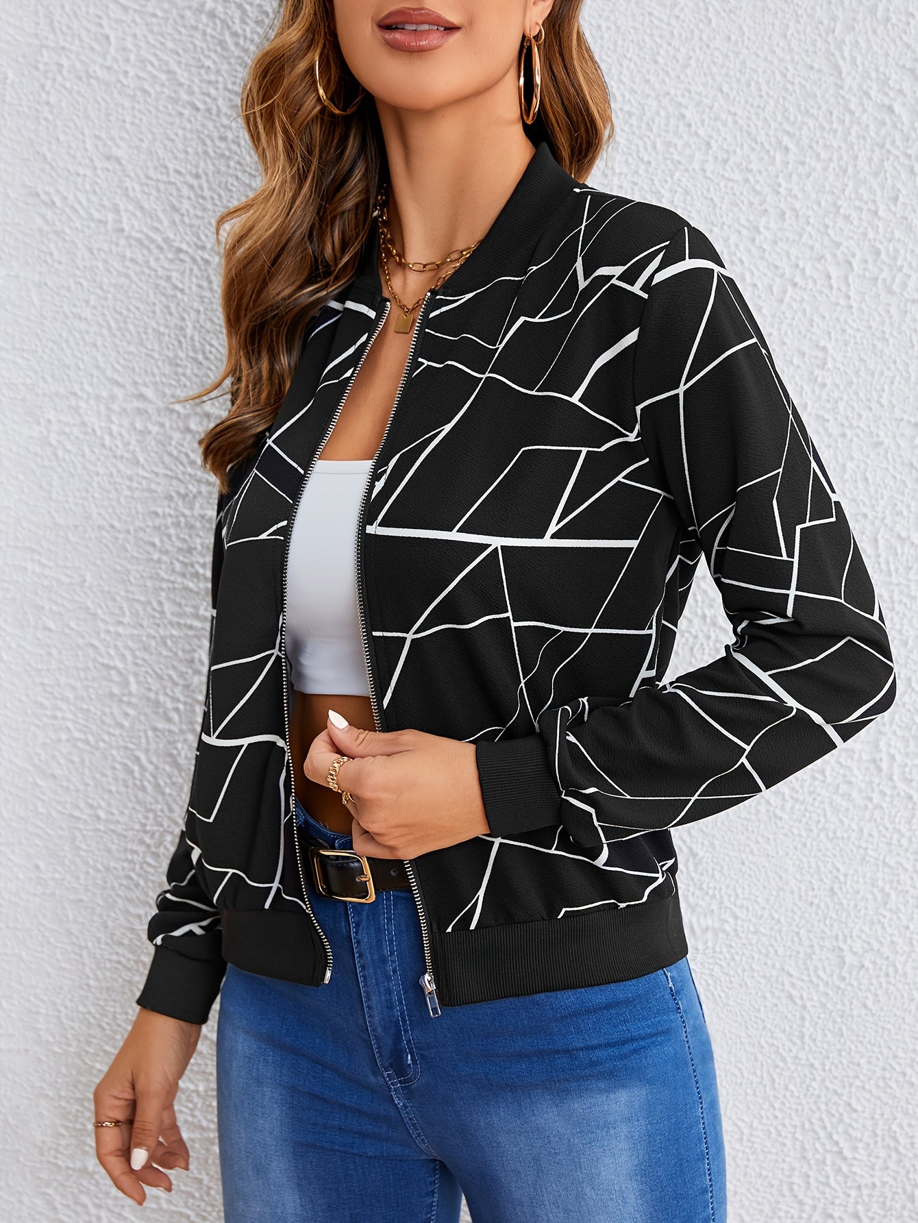 Geo-Print Jacke mit Reißverschluss, Lässige Langarmjacke