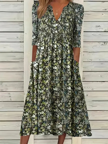 Ramona - Blossom Ditsy Floral Print Kleid mit V-Ausschnitt und Taschen