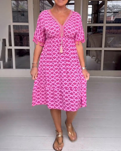 🌸Bedrucktes Kleid mit V-Ausschnitt und Fransen