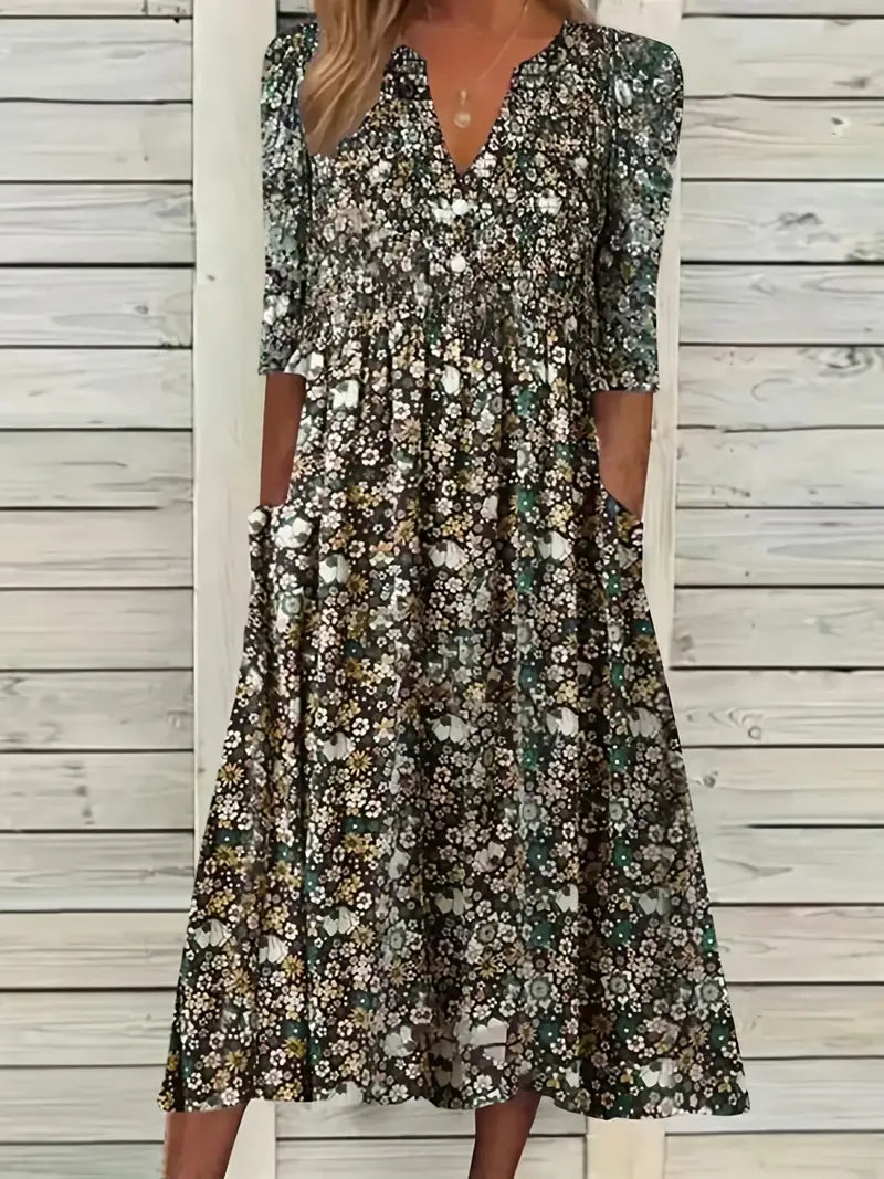 Ramona - Blossom Ditsy Floral Print Kleid mit V-Ausschnitt und Taschen