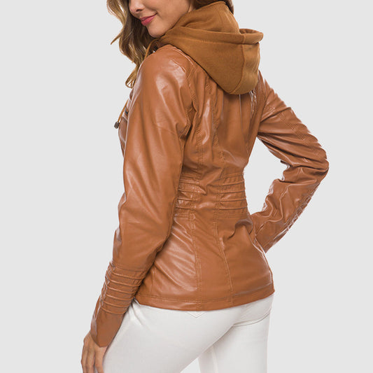 Elegante Lederjacke mit Kapuze und warmem Futter