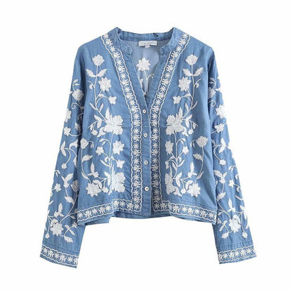 Denim Florale Stickerei-Jacke