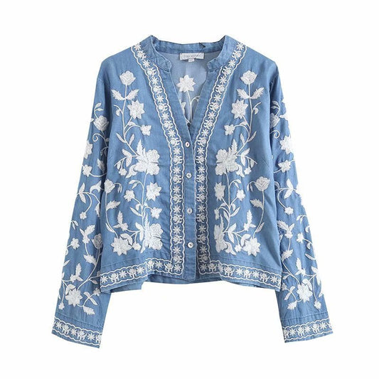 Denim Florale Stickerei-Jacke