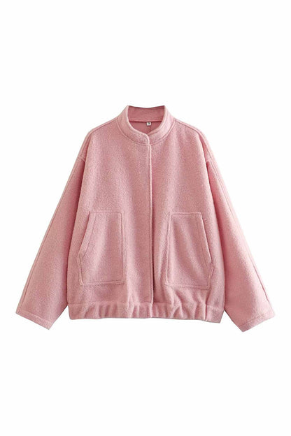 Einfarbige Jacke mit Stehkragen und Knopftaschen