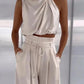 Riley® I Beige zweiteilige Hosen-Sets, Seiden-Plissee-Textur-Hosen-Set