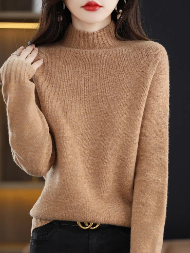 Merino Woll-Pullover mit Stehkragen Grün – Olivia