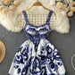 ABBIE - Blaues Florales Print Vintage Langes Kleid
