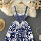 ABBIE - Blaues Florales Print Vintage Langes Kleid