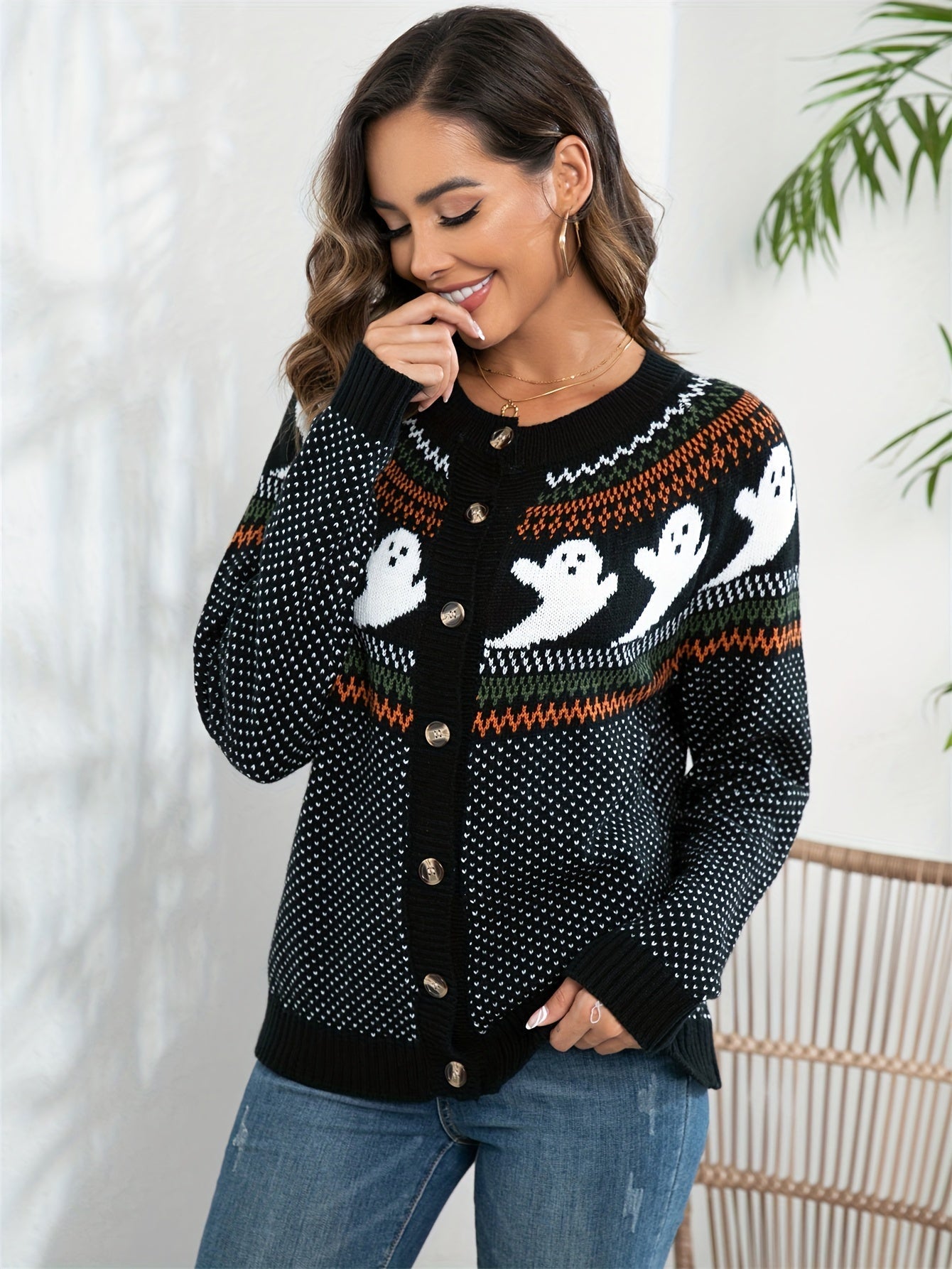 Halloween Geistermuster Strickjacke - Gemütlich und Festlich