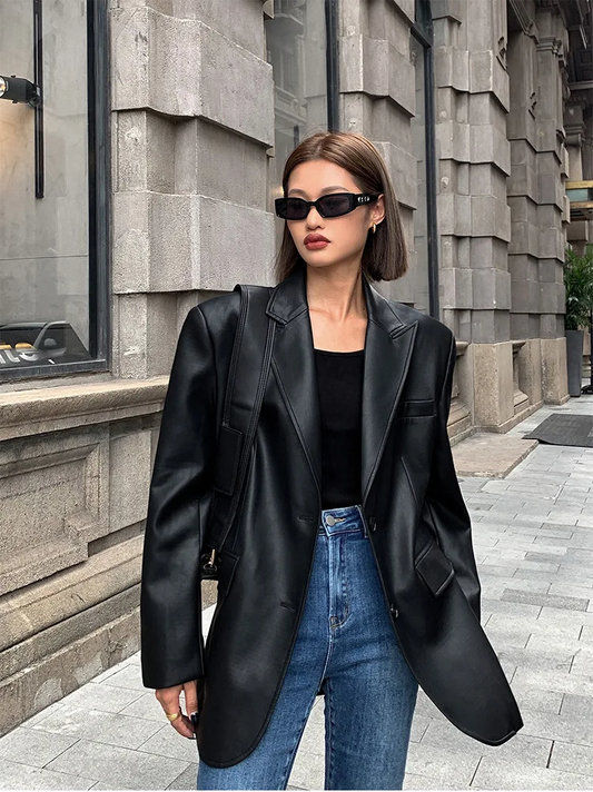 Einreihiger Freizeitblazer aus PU-Leder für Damen - Noémie