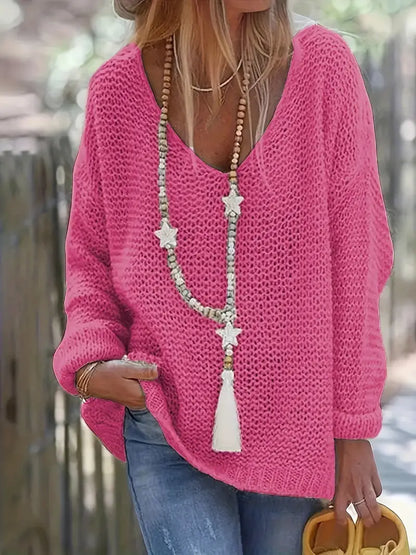 Desiree - Frühlingswind Solider Strickpullover mit V-Ausschnitt