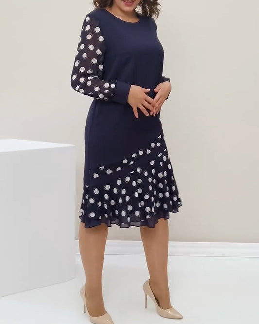 Kleid Rundhals Langarm Polka Dot