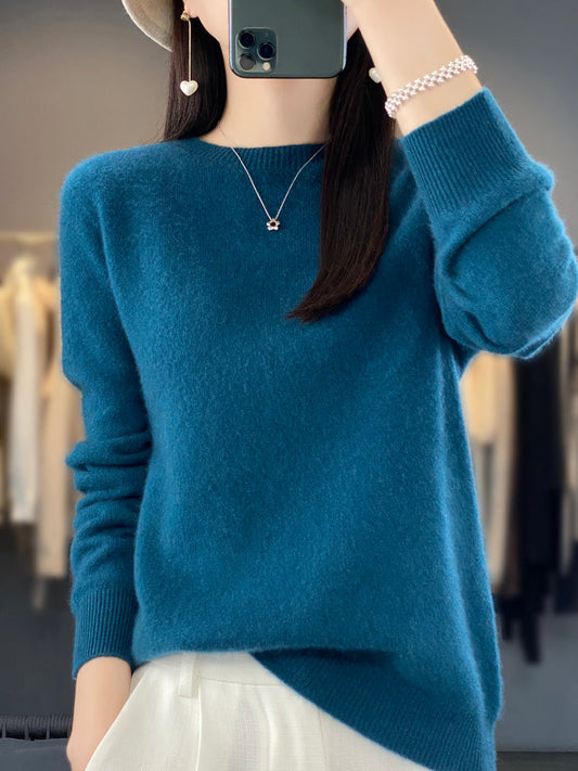 Brynn - Blauer Pullover mit O-Ausschnitt aus bequemer Wolle und Kaschmir