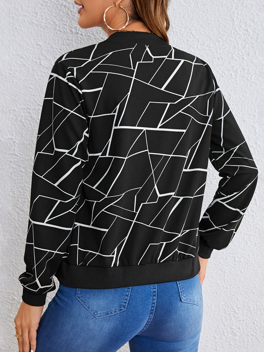 Geo-Print Jacke mit Reißverschluss, Lässige Langarmjacke