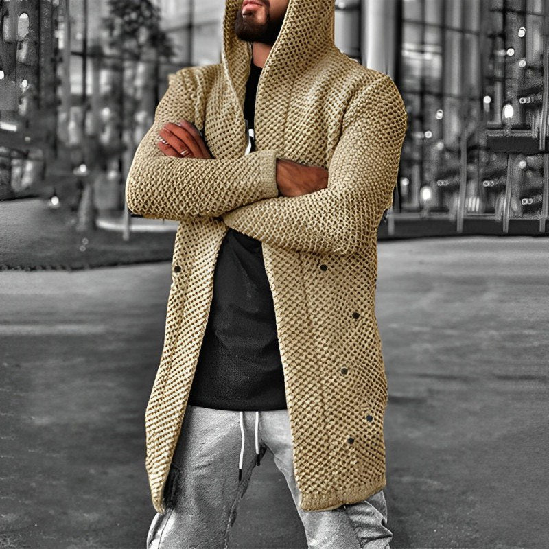 LÄSSIGER MITTELLANGER HERREN-STRICKCARDIGAN MIT KAPUZE