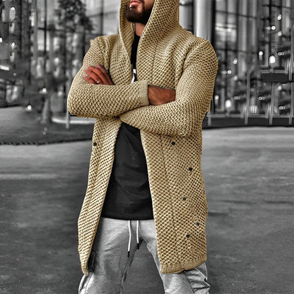 LÄSSIGER MITTELLANGER HERREN-STRICKCARDIGAN MIT KAPUZE