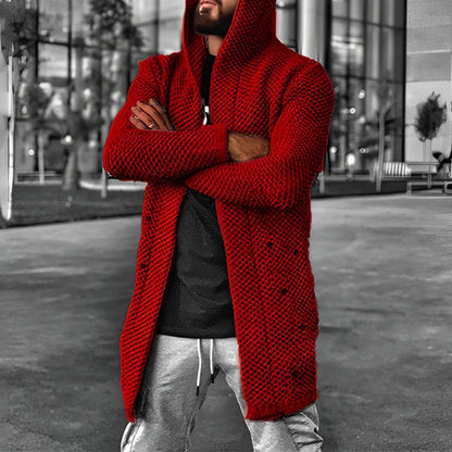 LÄSSIGER MITTELLANGER HERREN-STRICKCARDIGAN MIT KAPUZE