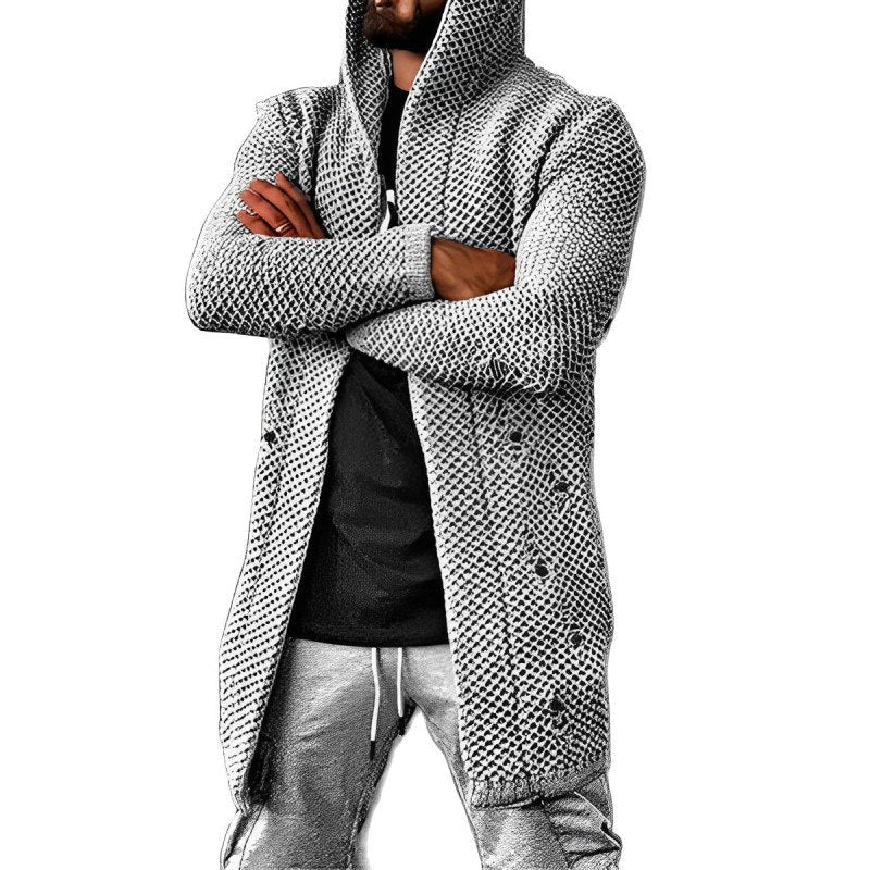 LÄSSIGER MITTELLANGER HERREN-STRICKCARDIGAN MIT KAPUZE