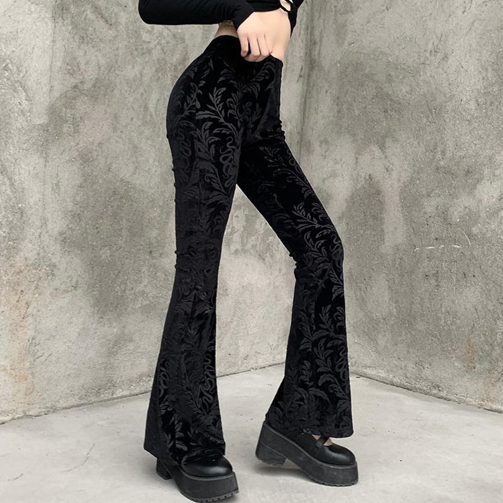 Frauen Retro Gothic Print Schwarze Hose Goth Harajuku High Waist Flared Pants